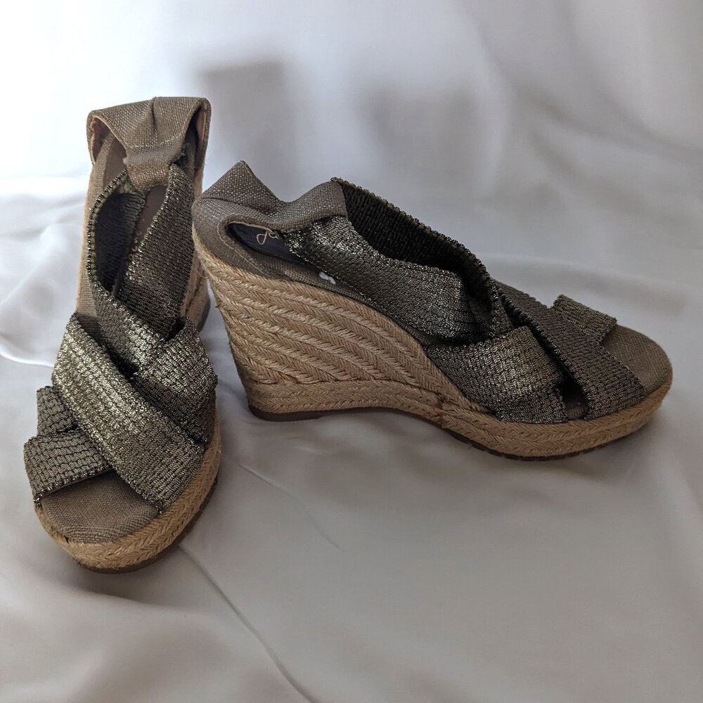 JEAN-MICHEL CAZABAT - wedge sandal with taupe /gold sheen size 7
